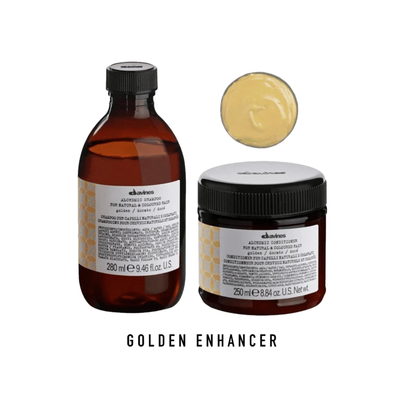 Davines Alchemic Conditioner Golden color depositing cream for golden blonde hair, showing the creamy conditioner in a jar.