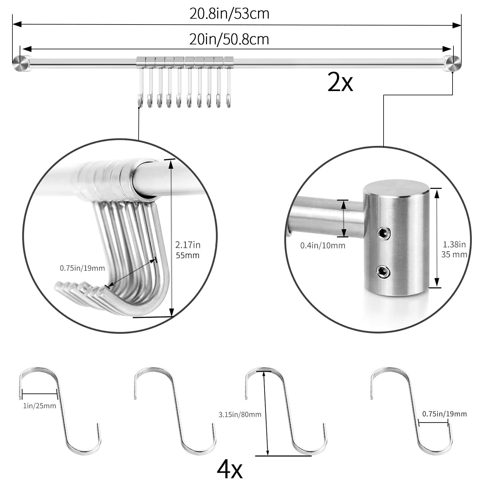 Audmore stainless steel kitchen utensil rack, 20.9 inches wall-mounted, with lids and hooks for organizing utensils.