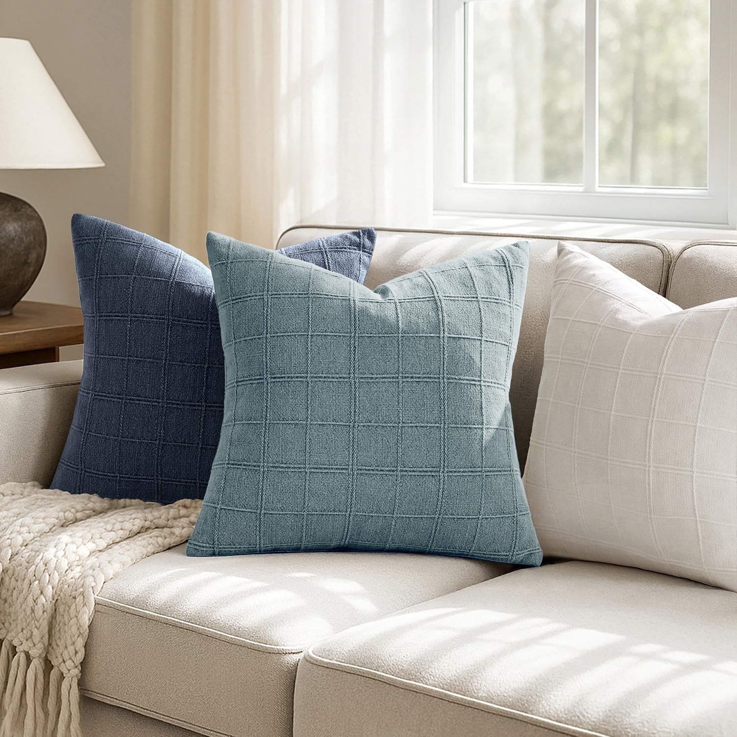 Blue and gray linen check throw pillow cover by Woaboy featuring farmhouse modern boho vintage style.