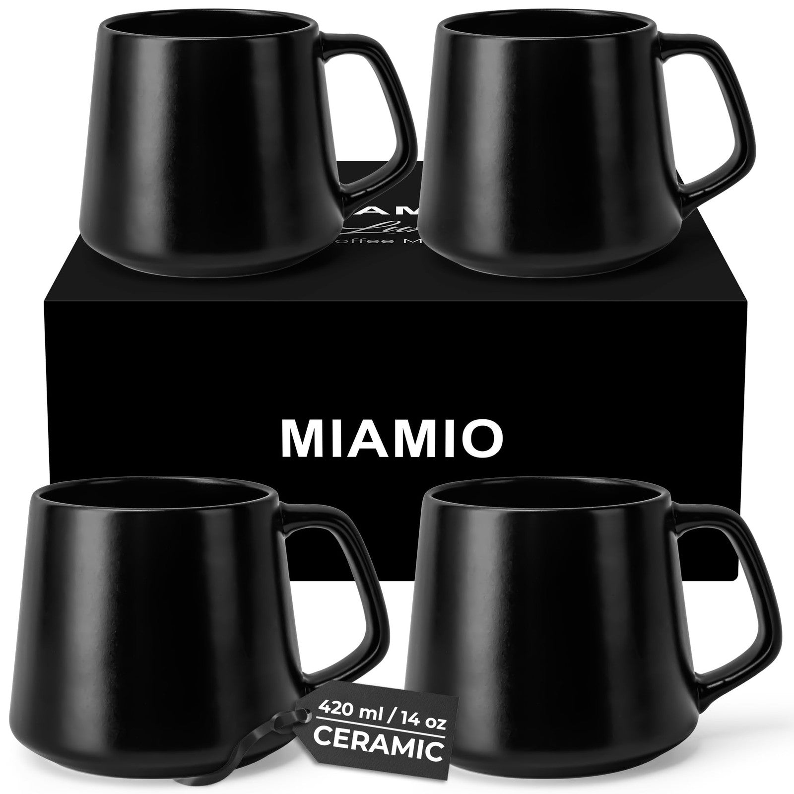 Set of four large MIAMIO ceramic coffee mugs in black, 14oz, microwave and dishwasher safe, displayed on a kitchen counter.