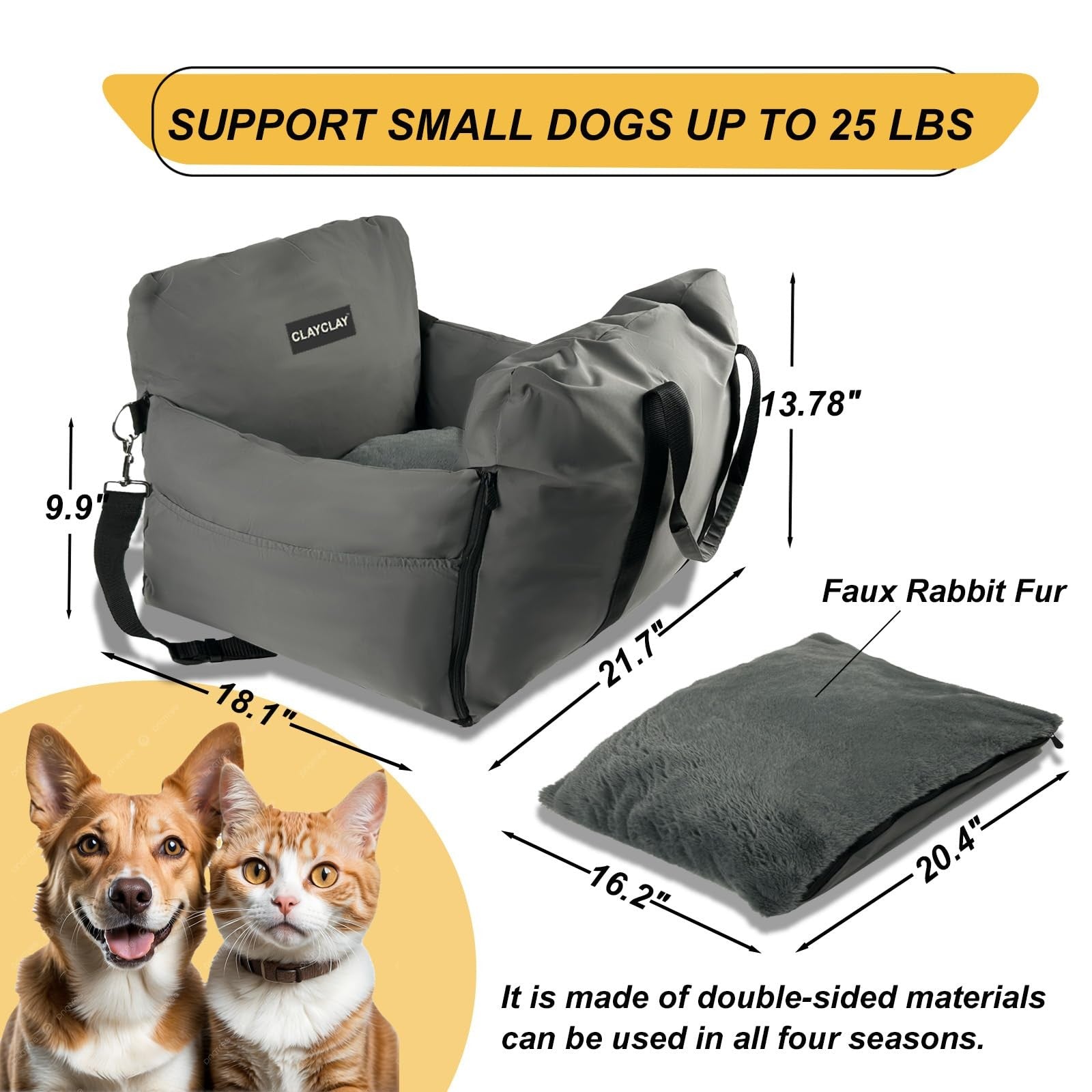 Waterproof CLAYCLAY dog car seat for small dogs with safety strap, booster and portable design, shown in a car interior.
