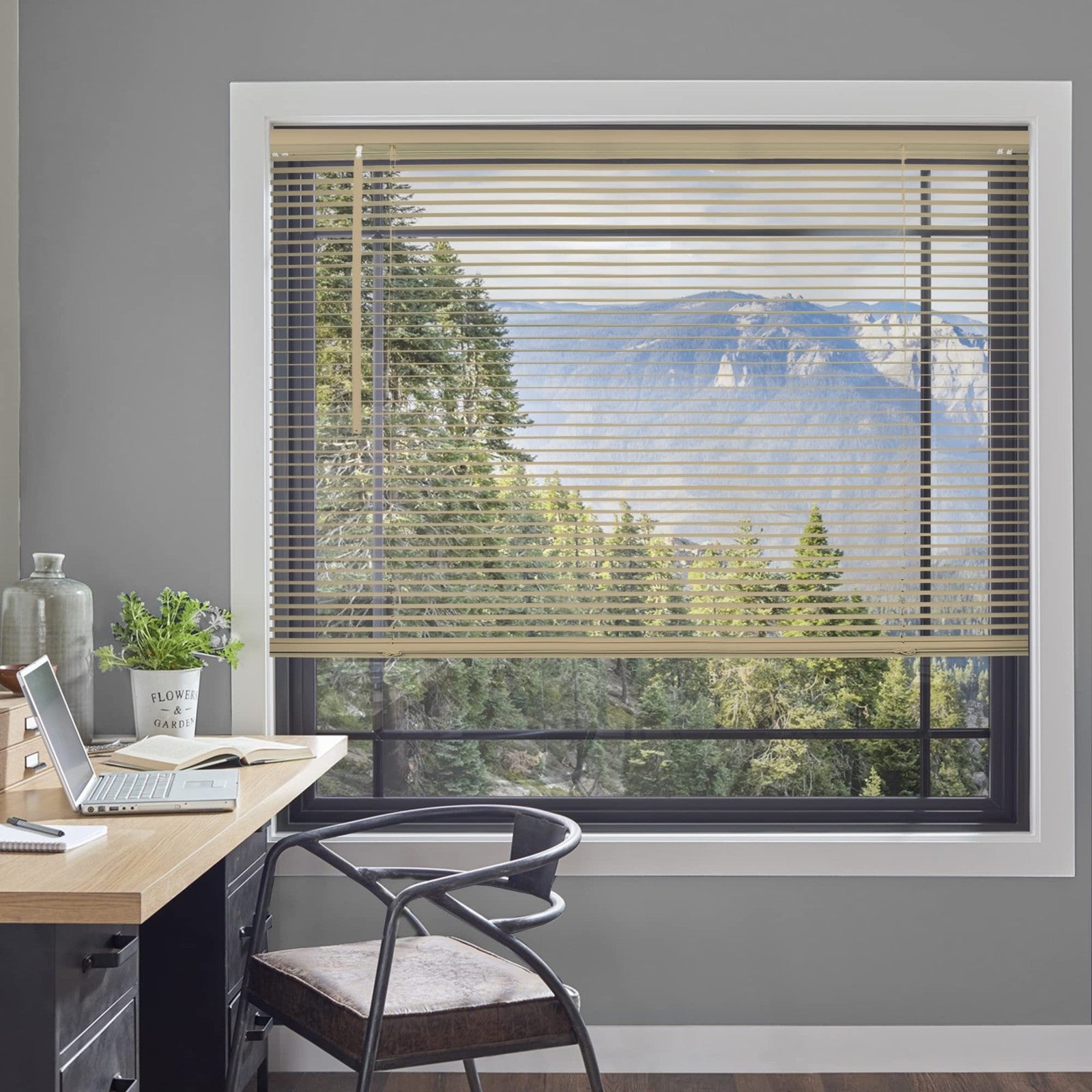 Chicology mini blinds for indoor windows, 38 W x 60 H, Cappuccino horizontal blinds showing slats and window installation.