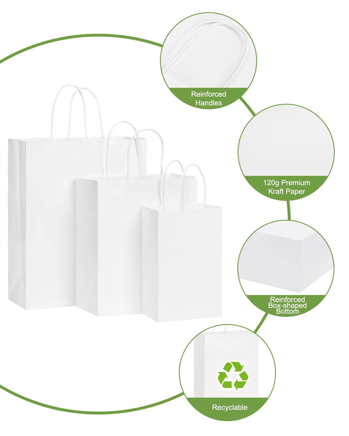 OUTUXED 100 white kraft paper gift bags with handles in three sizes, ideal for retail and party gift packaging.