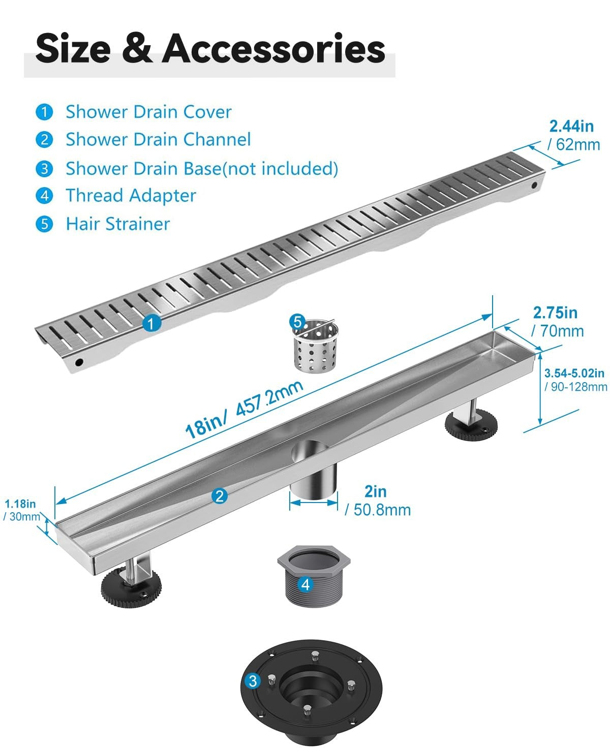 Stainless steel HTOH 18-inch brushed nickel linear bathroom floor drain with sleek design and modern finish.