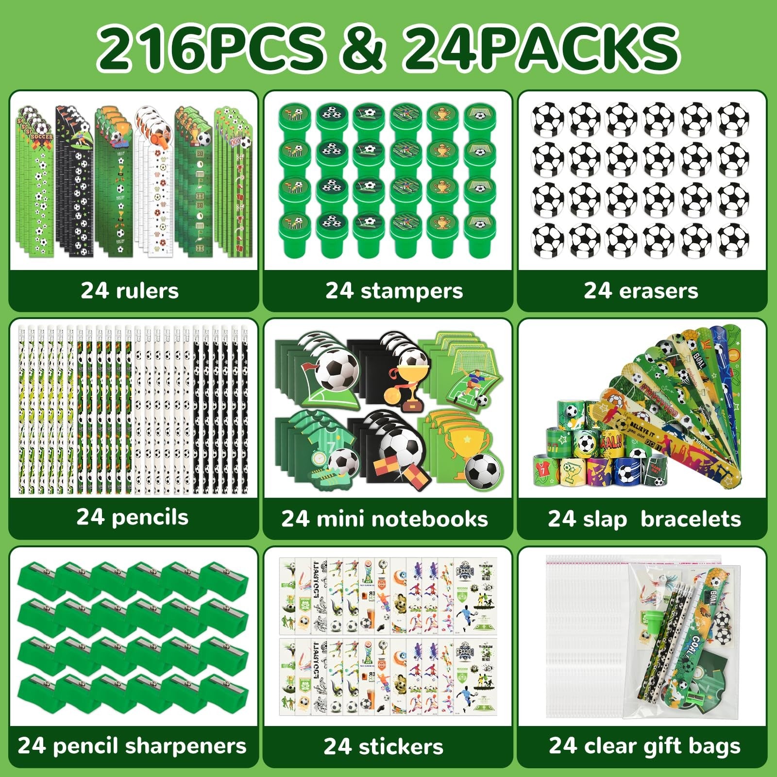 Ulema soccer-themed stationery set with 216 pieces including pens, notepads, and accessories for soccer team gifts or birthdays.