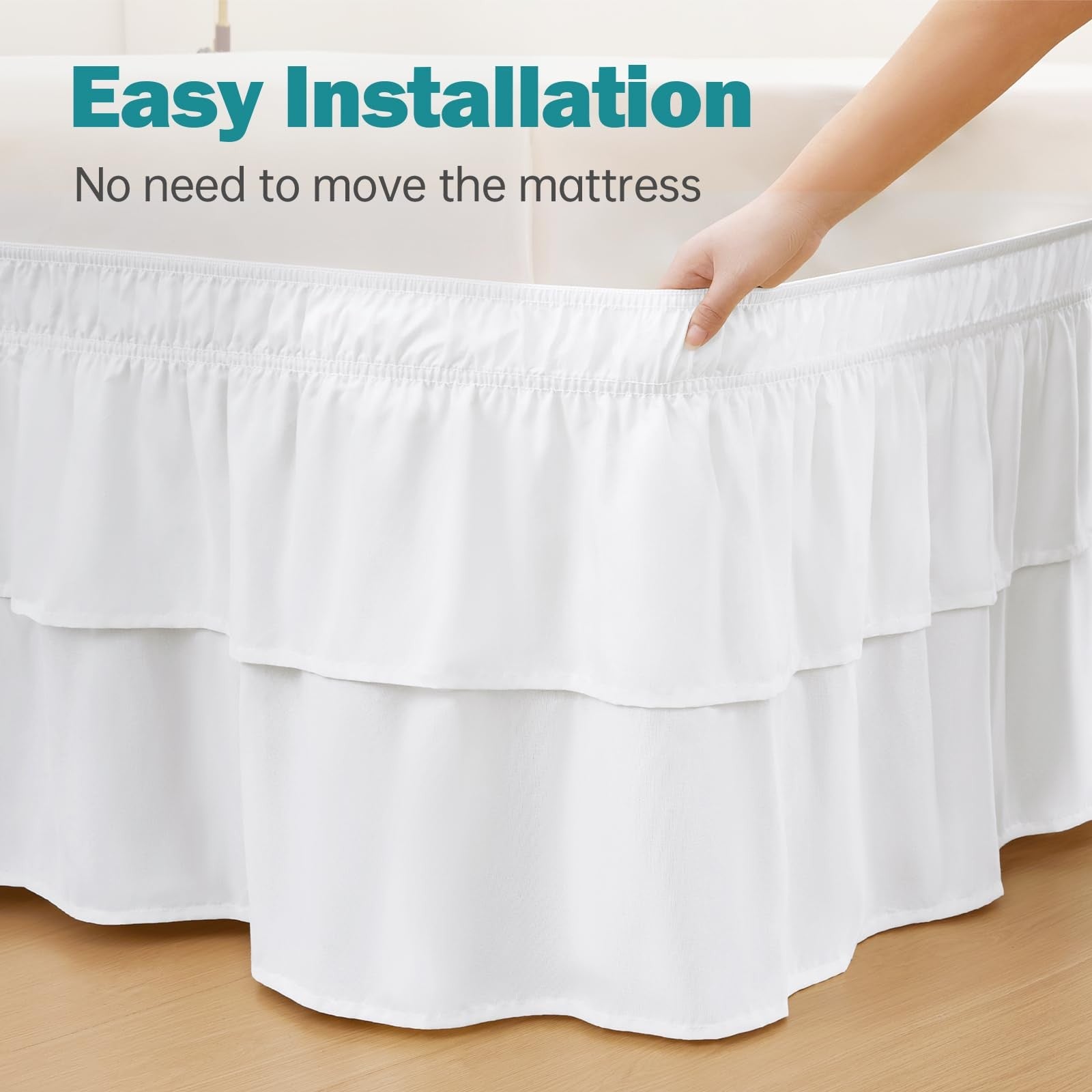 White queen size Vocander 2-layer bedskirt with a 14-inch drop, featuring a classic design and easy-to-install style.