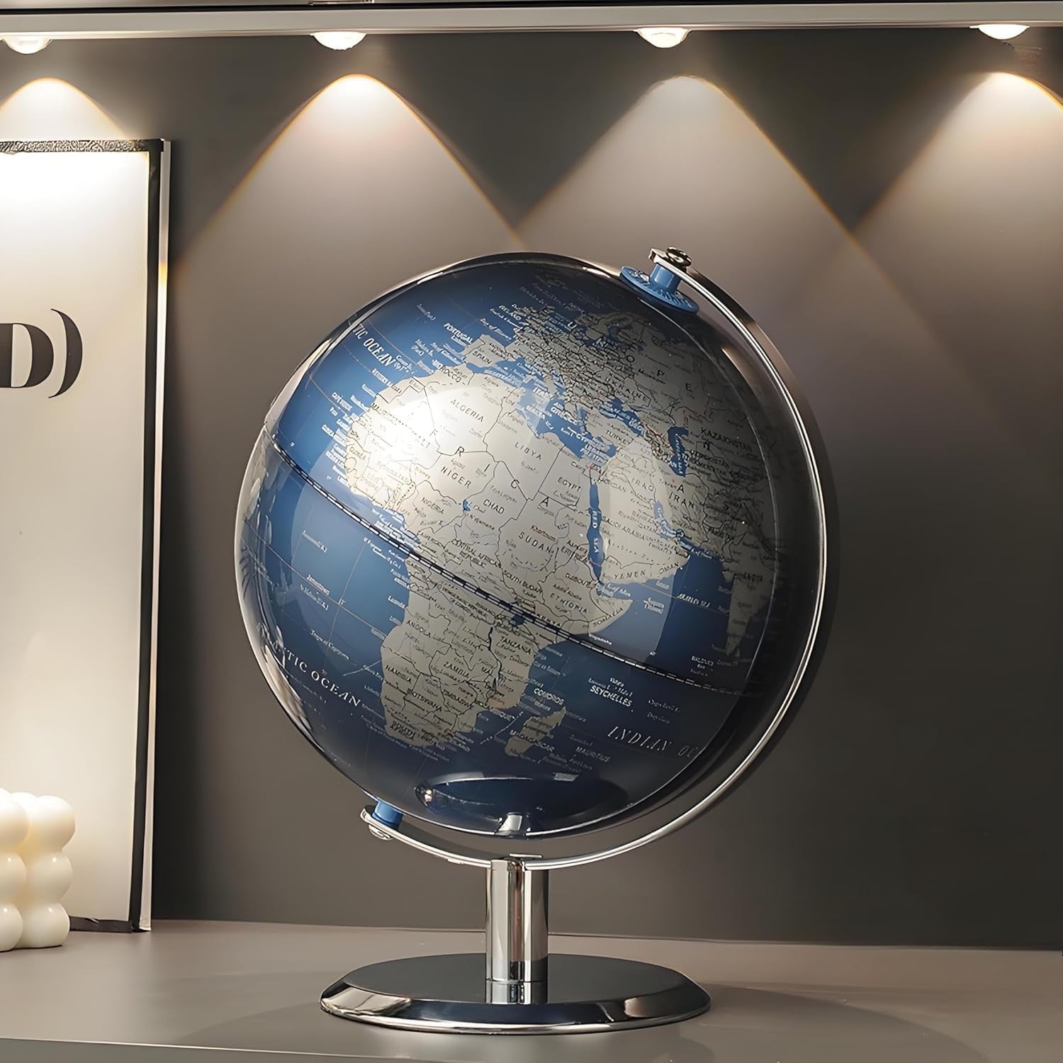 TTKTK 8-inch world globe with stainless steel stand, modern desktop globe featuring detailed world map and vibrant colors.
