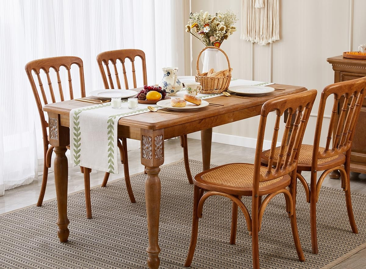 Aoztio rustic embroidered table runner with irregular willow leaf design, 13x108 inches, featuring detailed floral embroidery on fabric.