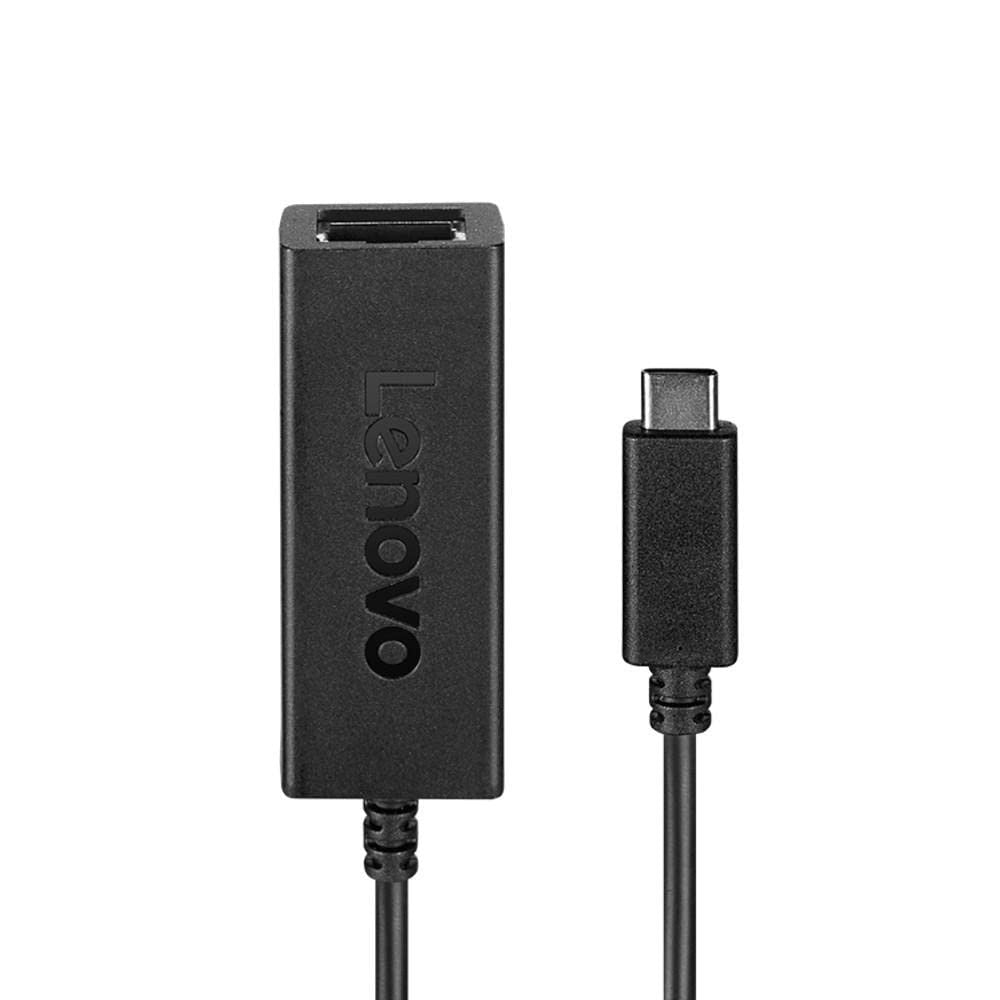 Lenovo ThinkPad USB C to Ethernet Adapter connected to a laptop, providing wired internet connection via USB-C port.