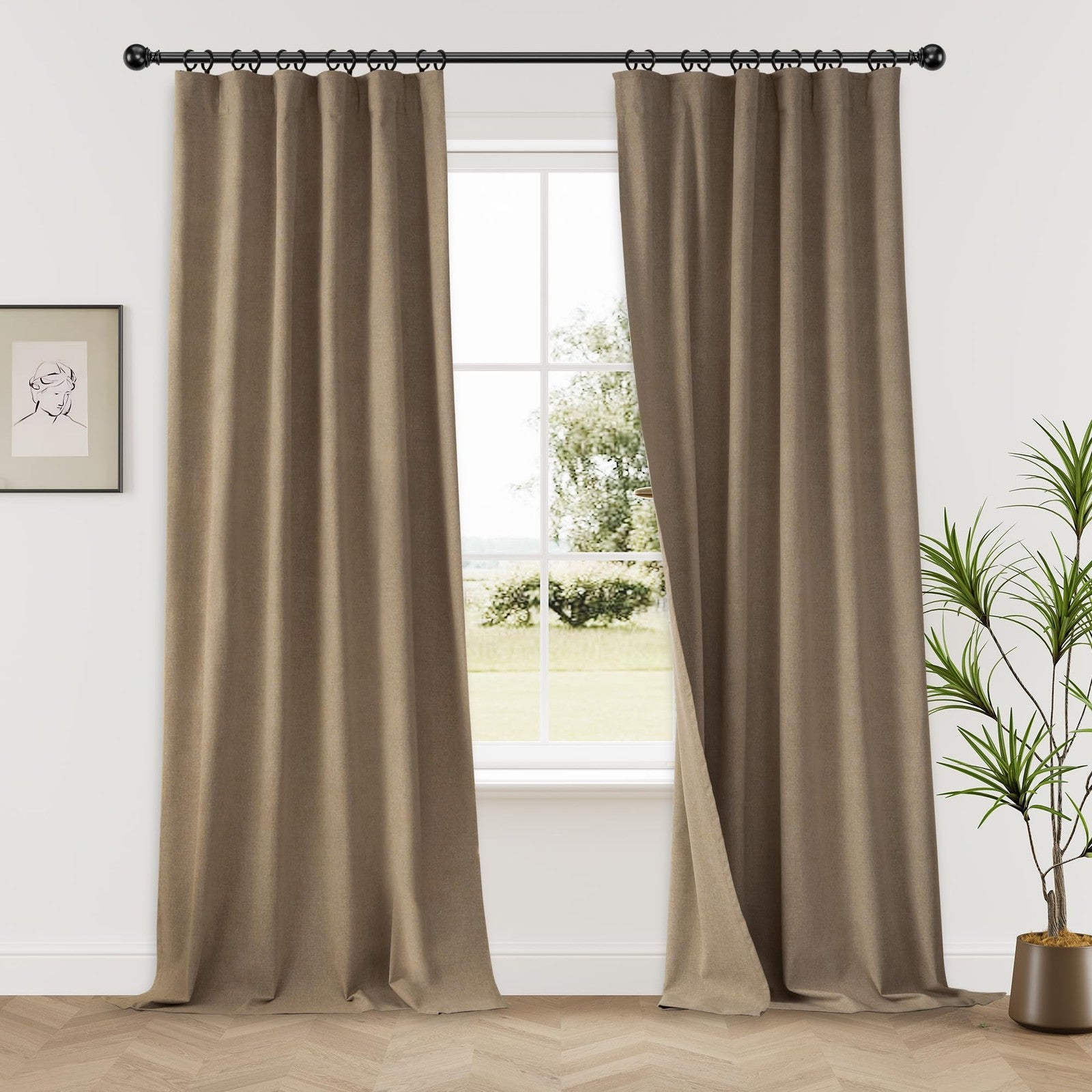 KangBang black blackout curtains for sliding patio door, two-panel wide black fabric with a sleek black finish.