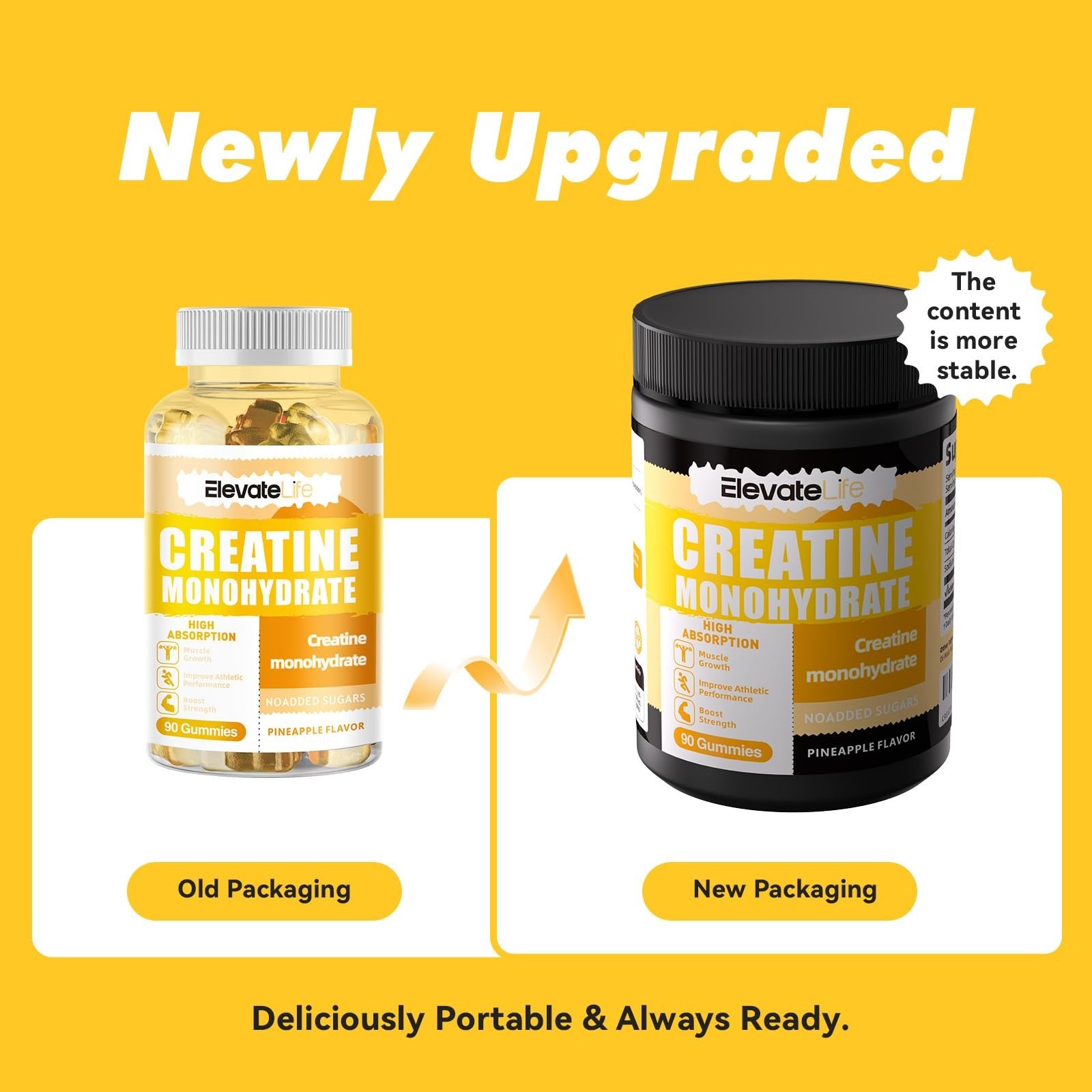 ElevateLife Creatine Monohydrate Gummies 5000mg chews for men and women, showing colorful gummy supplements on a white background.