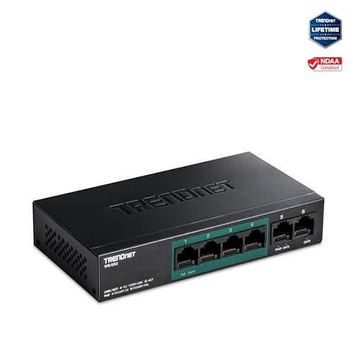 TRENDnet 6-Port Fast Ethernet PoE+ Switch, TPE-S50, NDAA Compliant with 60W PoE power budget, showcasing ports and LED indicators.