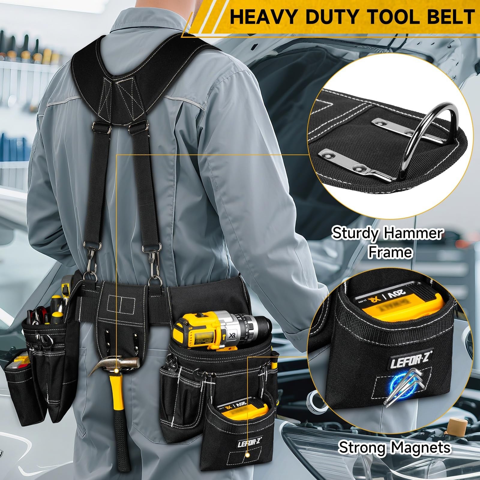 Heavy-duty LEFOR·Z tool belt with suspenders and 27 pockets, featuring magnetic tool holders, designed for men’s construction work.