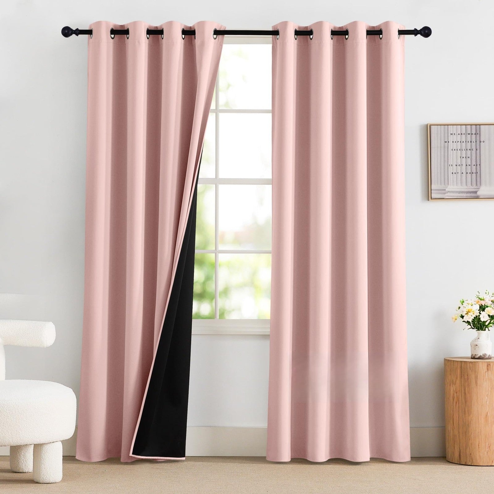 NICETOWN 100% blackout curtains in a kids' bedroom, featuring black fabric and privacy design for girls' room decor.