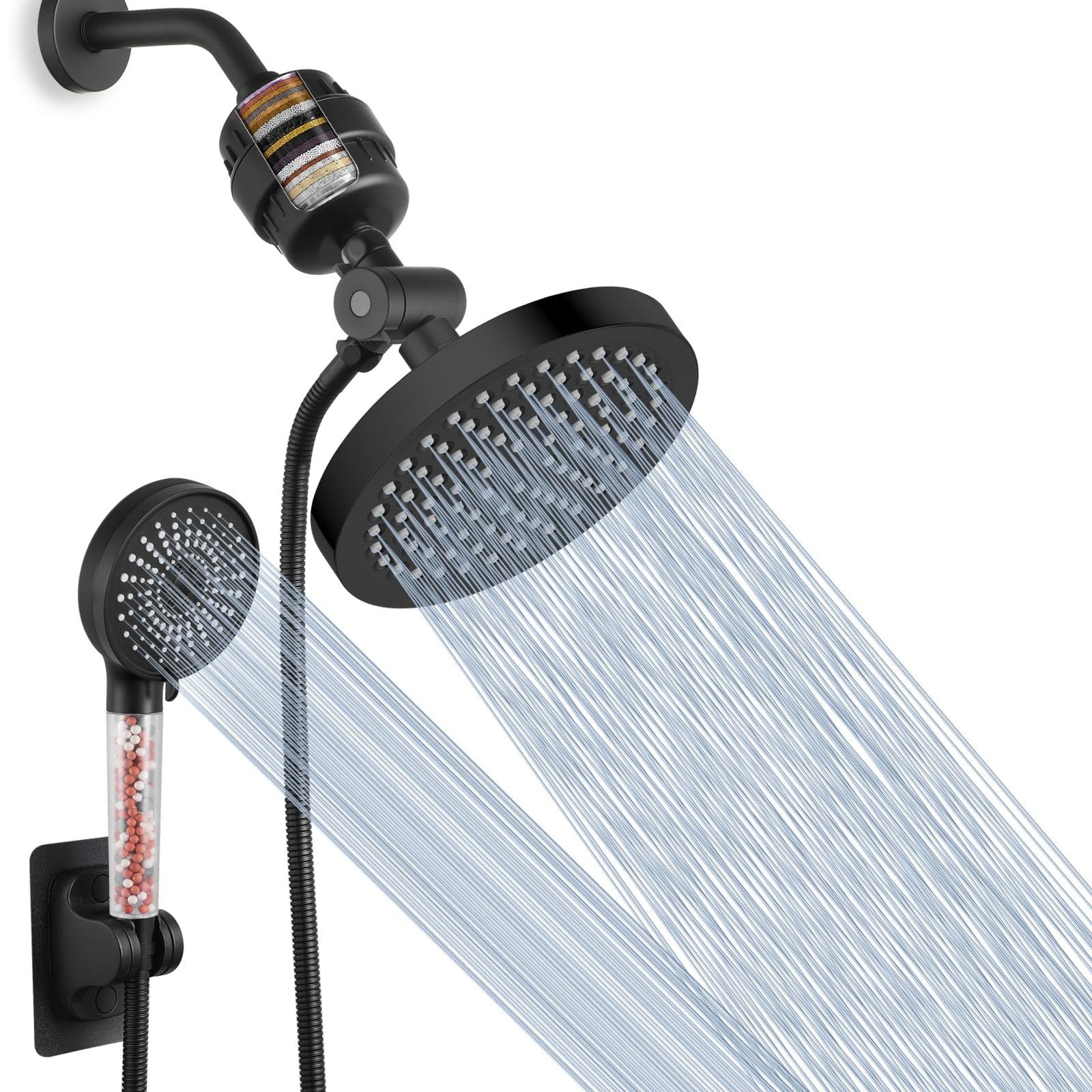 Voolan filtered shower head set with high pressure rain shower and handheld shower for a luxurious bathing experience.