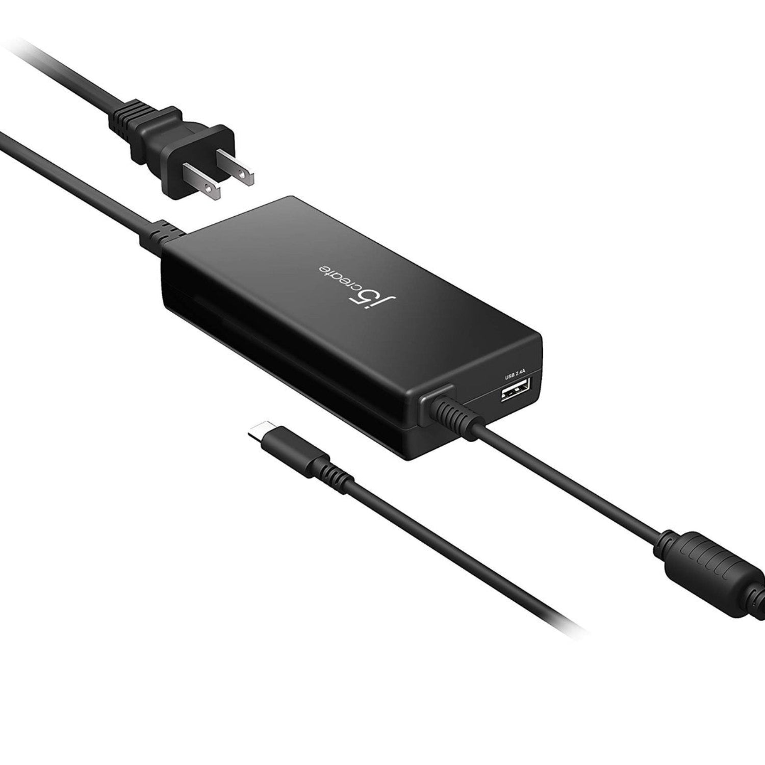 j5create USB Type C PD 100W fast charger for MacBook Pro, Chromebook, and laptops, shown with cable connected