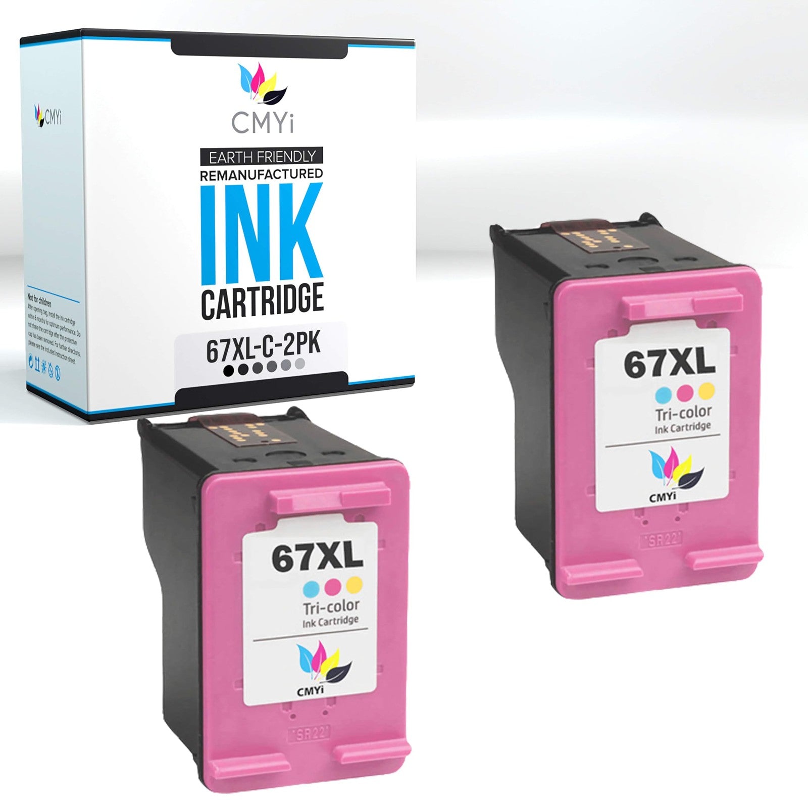 CMYi 67XL tricolor ink cartridges for HP DeskJet printers, showing the colorful ink cartridges positioned side by side.