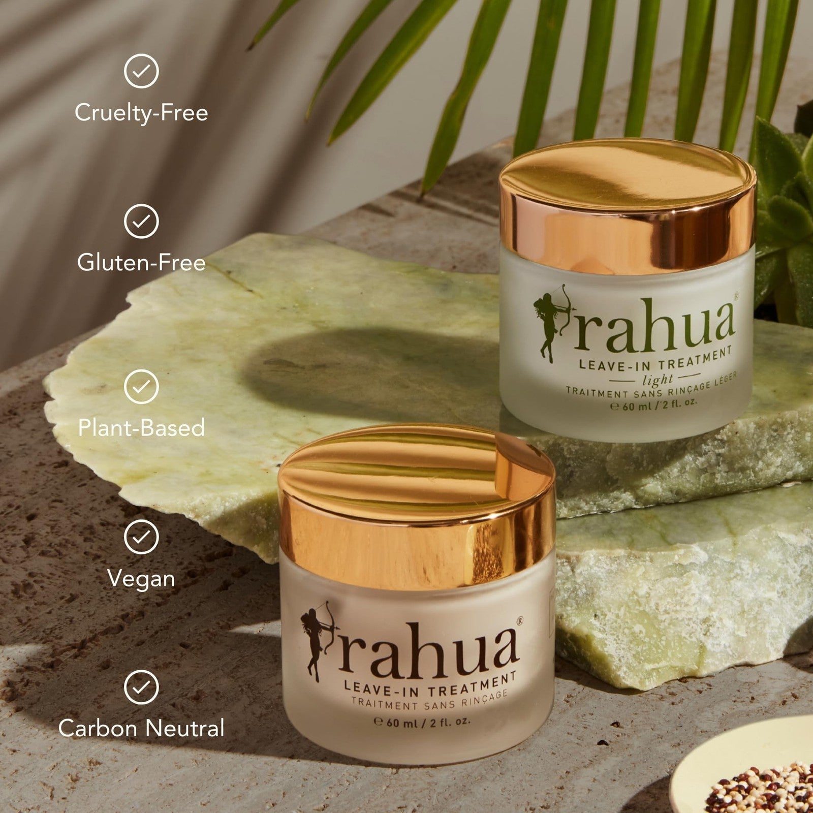 Rahua Light Leave-In Treatment and vegan heat protectant spray for shiny, healthy hair, visible in the image.