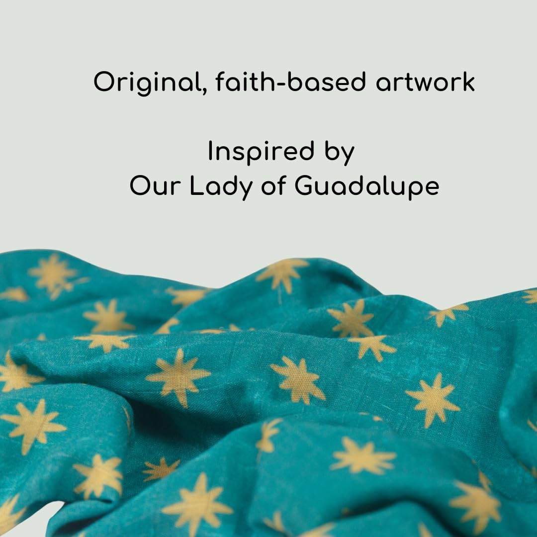 Soft luxury Our Lady of Guadalupe Catholic baby swaddle with Mary’s mantle design, measuring 47x47 inches.
