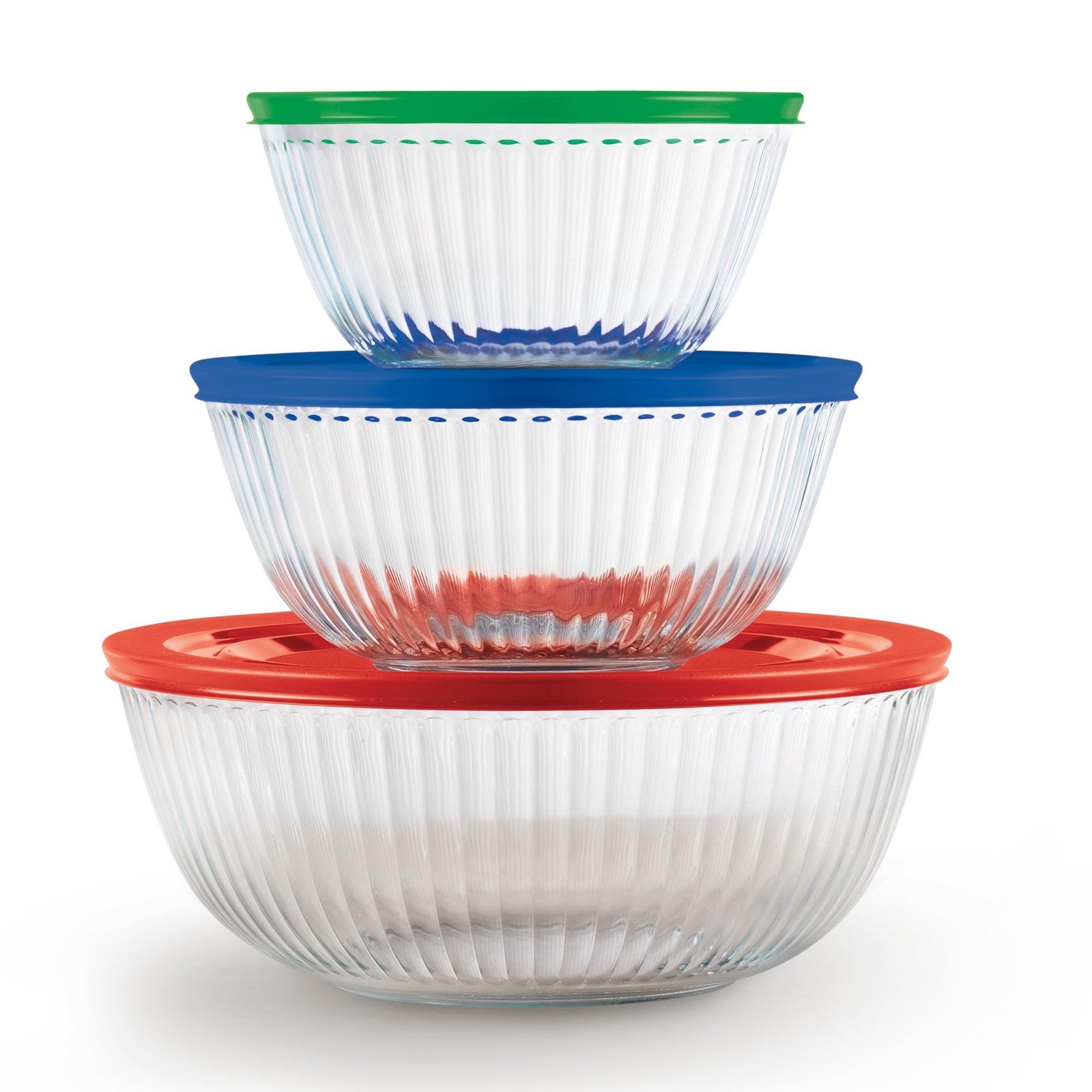 Pyrex sculpted glass mixing bowl set with three bowls and lids, ideal for prep, mixing, and storing food in the kitchen