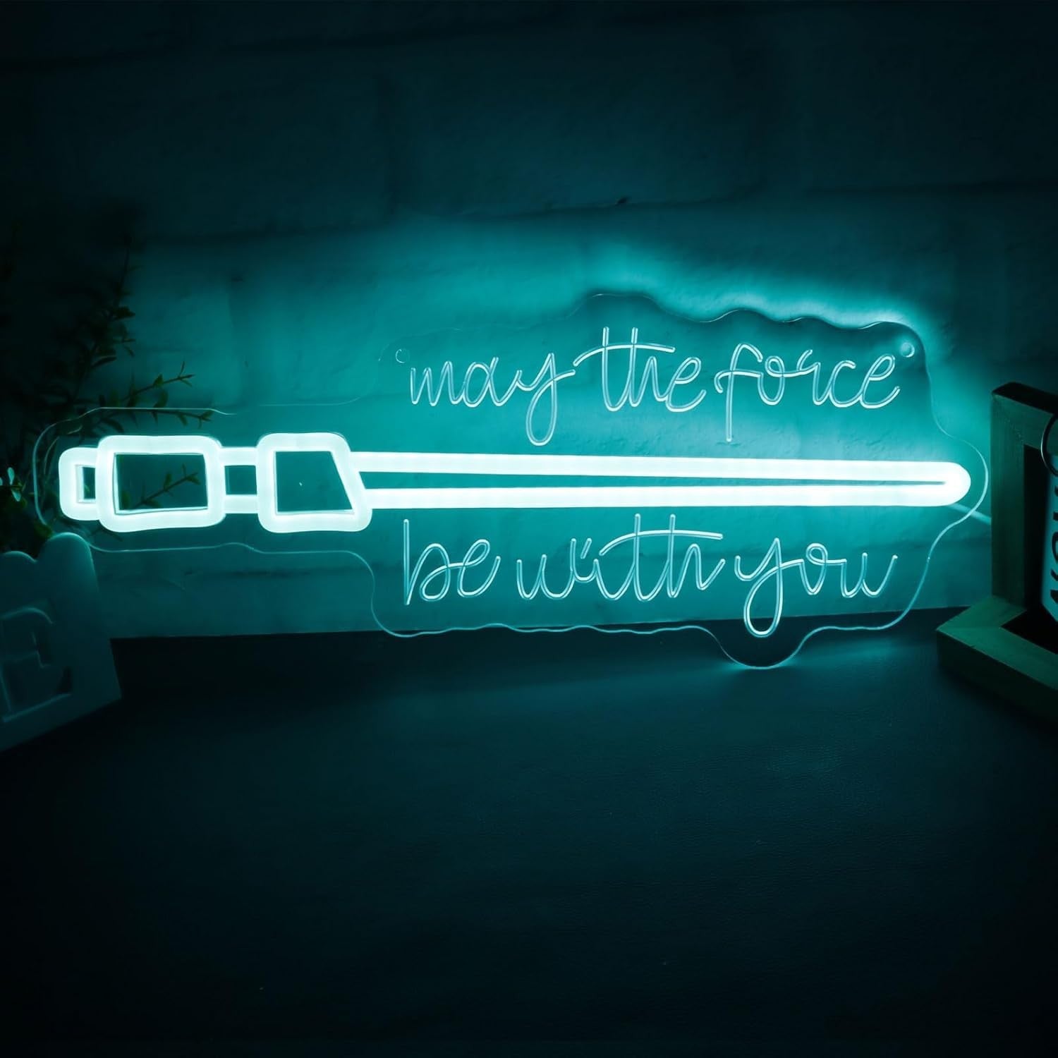 Pinlangdou blue neon lightsaber sign with "May The Force Be With You" message, ideal for Star Wars-themed decor.