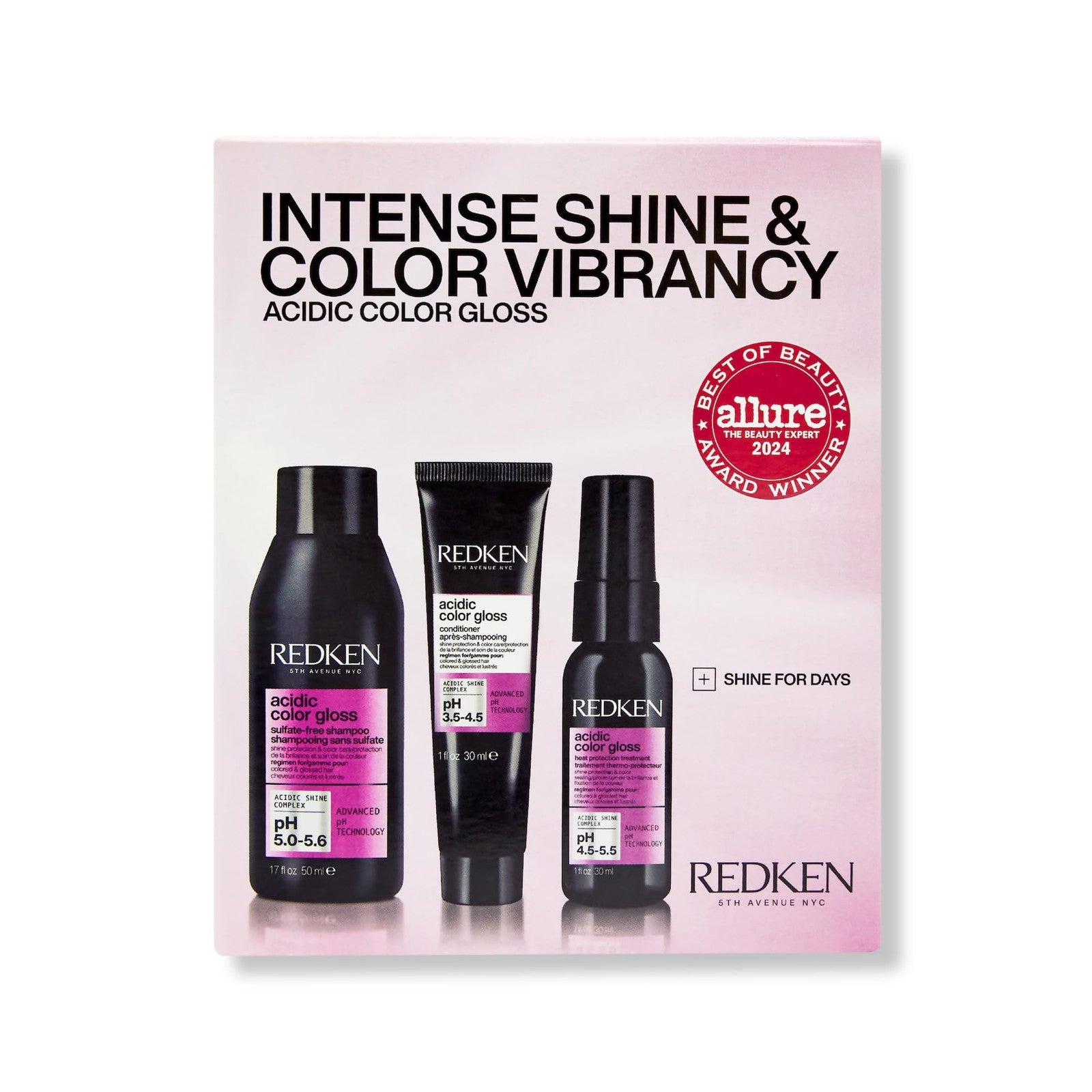 Redken Acidic Color Gloss Shine Mini Kit with sulfate-free shampoo, conditioner, and treatment for vibrant, glossy hair.