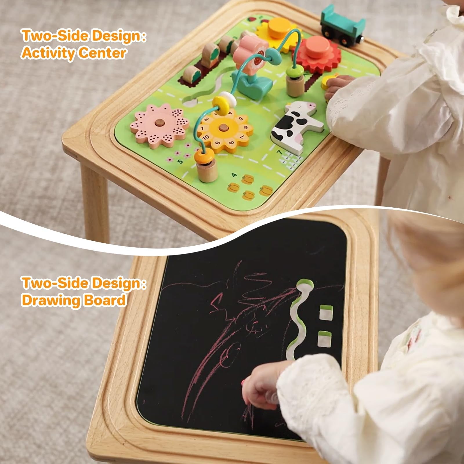 Wiqins 3-in-1 baby activity table for 6-36 months old kids, wooden activity center with colorful toys and interactive features.