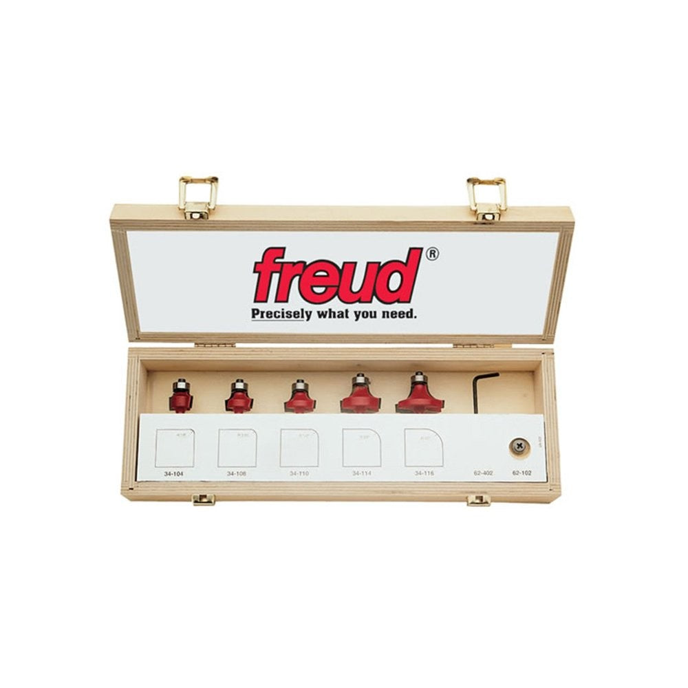 Freud 89-102 5-piece round over and beading bit set for woodworking, featuring 1/4-inch shank and various round edge profiles.