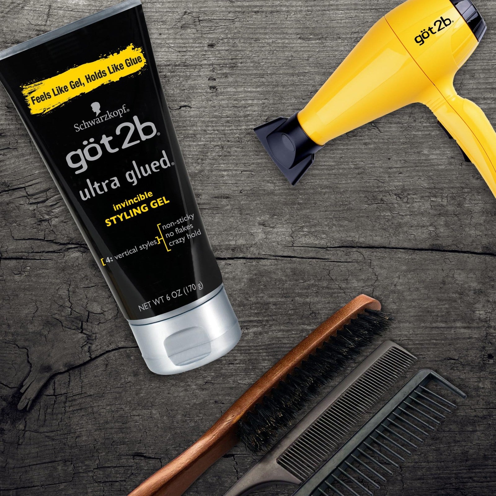 Got2b Ultra Glued Invincible Styling Hair Gel 1.25oz pack of 24, showcasing the clear gel in a tube with branding.