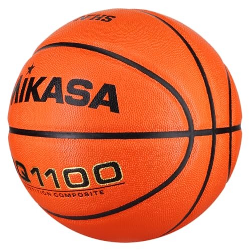 Official size orange Mikasa BQ1100 competition basketball showing textured surface and Mikasa logo for indoor play.