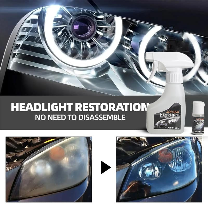 SOPAMI headlight restoration kit showing a clear, restored car headlamp with a smooth, shiny surface and improved clarity.
