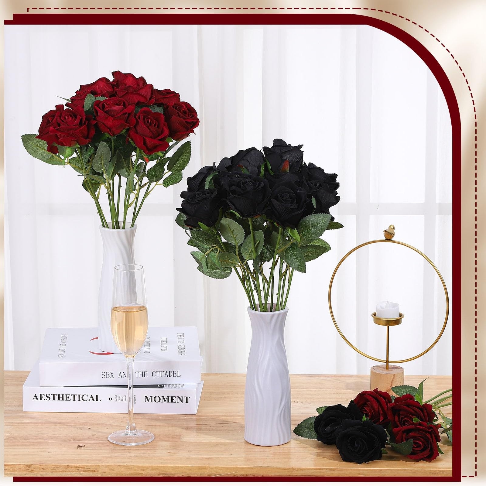 Ovveroche 80-piece artificial silk roses in black and red, featuring realistic silk flower blooms for floral decor and arrangements.