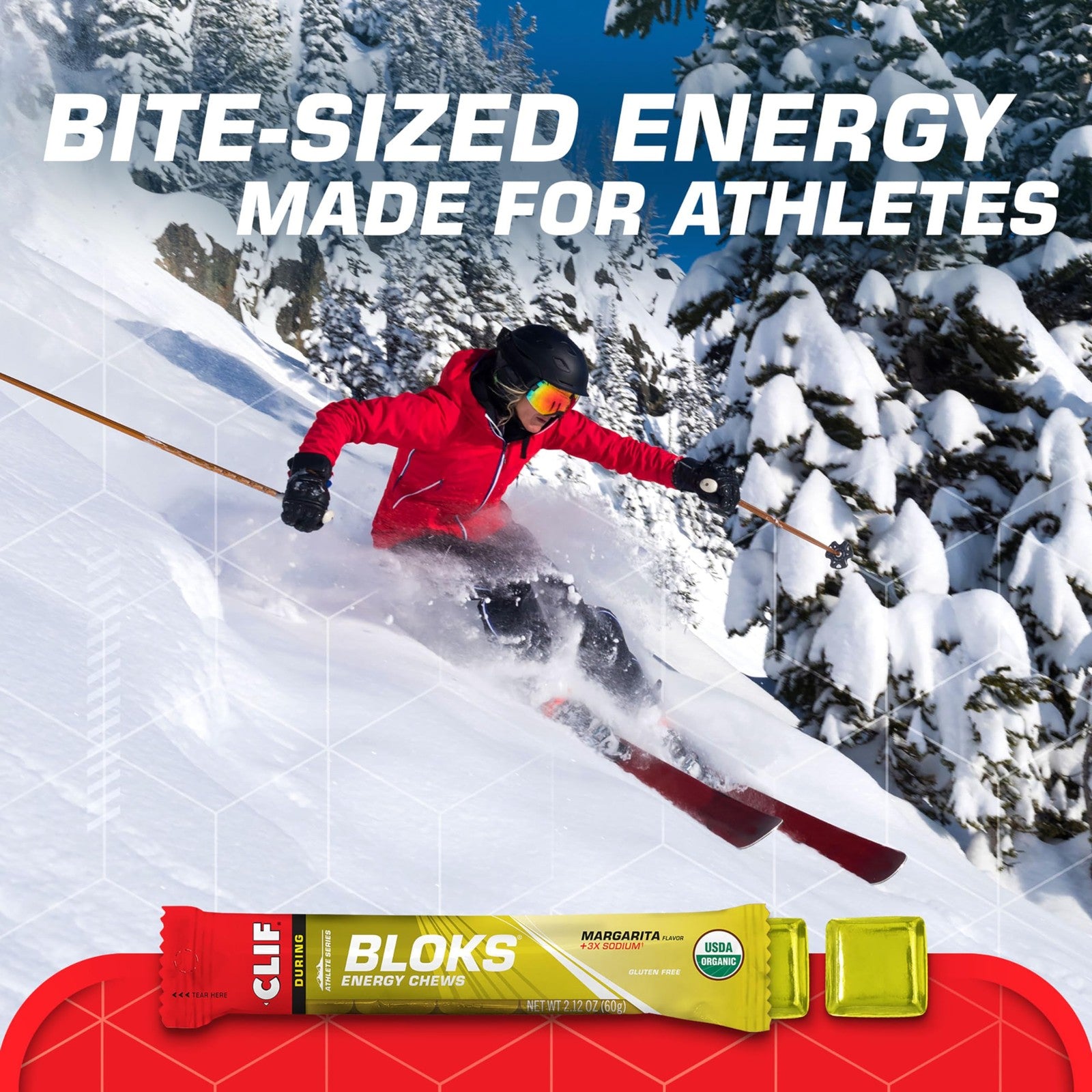 Clif Bloks Margarita flavor energy chews pack with 18 non-GMO, plant-based electrolyte chews and colorful packaging.