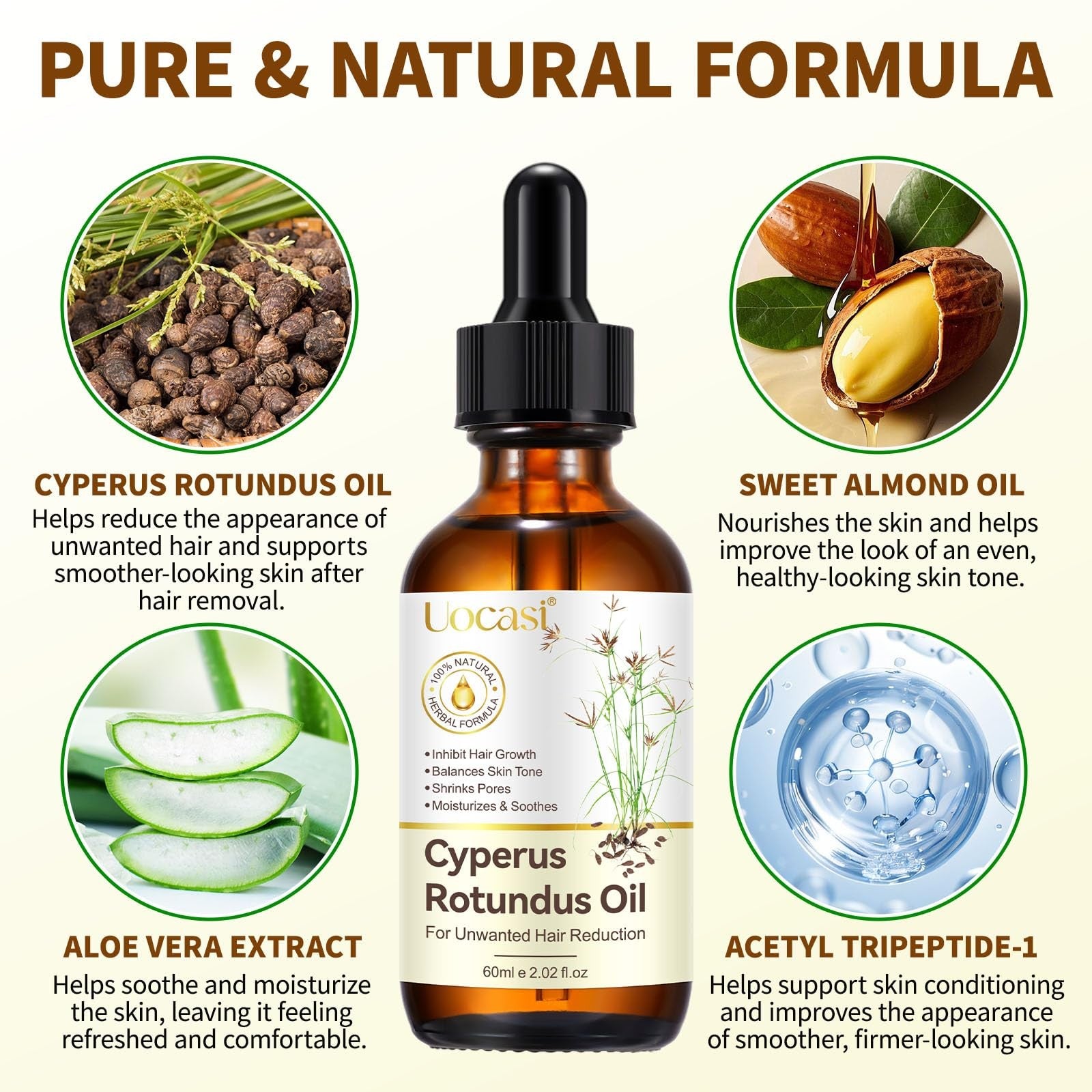 Uocasi Cyperus Rotundus Oil 3-pack, premium cypress oil for natural hair removal and skin soothing.