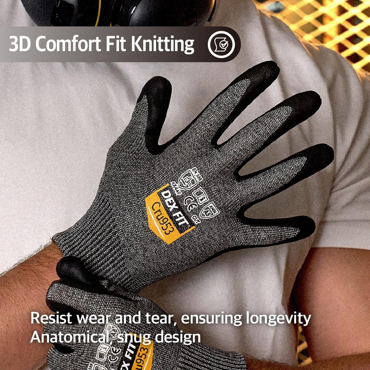 Dex Fit Cut Resistant Gloves Cru953 with Tungsten protection, level A8, showing 3D ergonomic design and itch-free comfort.