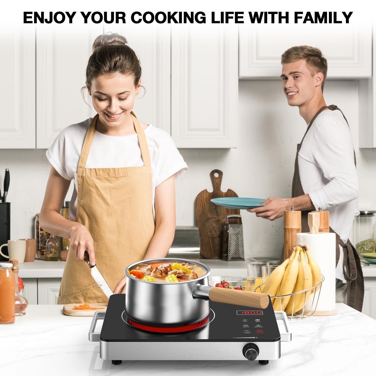 Portable electric cooktop by GTKZW with 1800W single burner, compact design, and plug-in power for easy cooking.