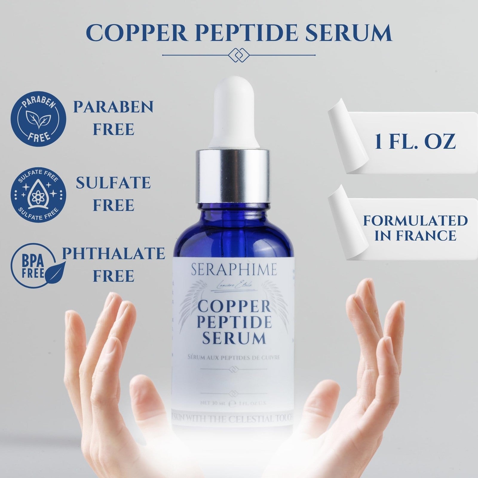 Seraphime Copper Peptides Serum for Face with 2% Copper Peptides and 4% Epidermal Growth Factor, in a glass bottle with dropper