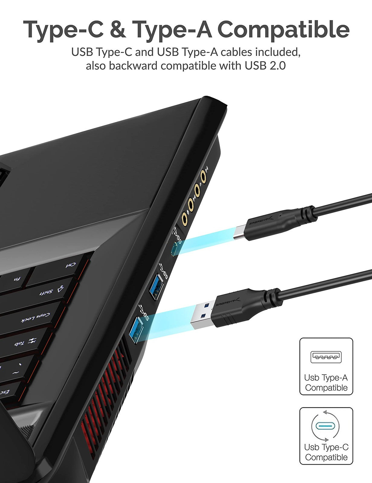 SABRENT CFexpress Type B card reader with USB 3.2 port and 10Gbps data transfer, shown connected to a computer.