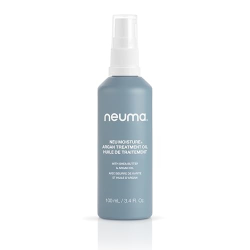 Neuma Neu Moisture Argan Treatment Oil bottle with dropper, highlighting nourishing hair care product, in a natural setting.