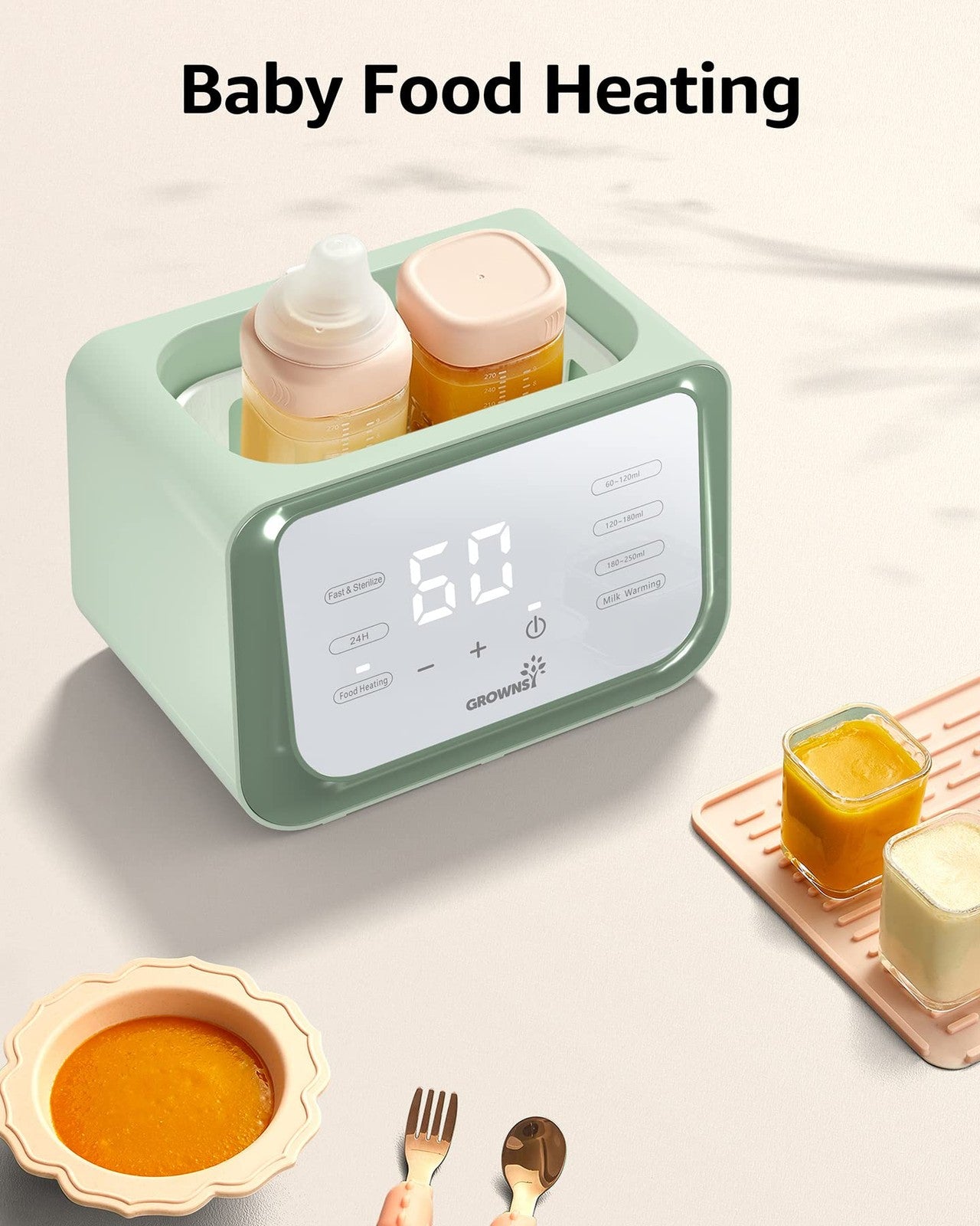 GROWNSY Baby Bottle Warmer 8-in-1 milk warmer with timer, fitting breastmilk or formula bottles, displayed with bottles and controls