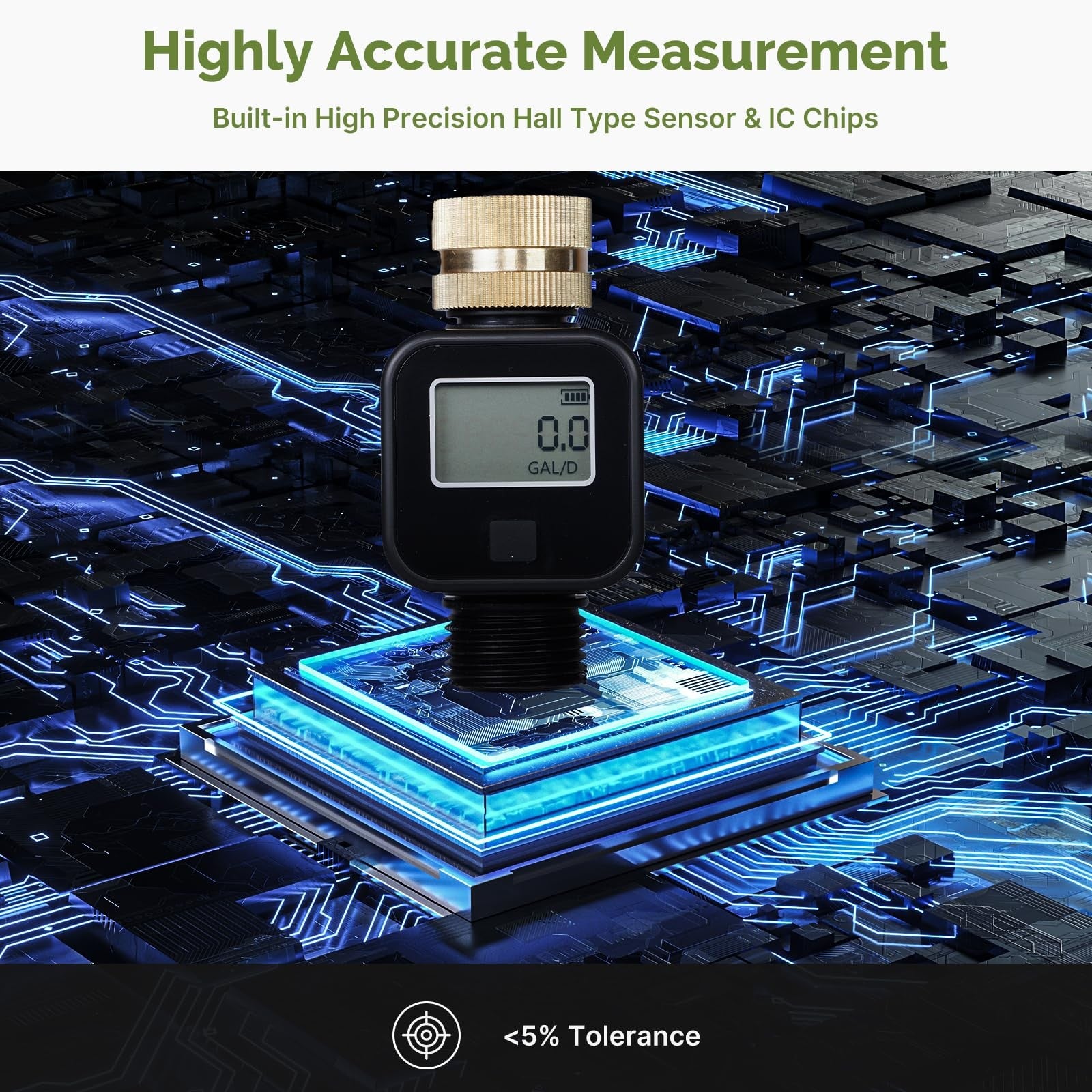 MOES water flow meter with brass inlet and metal thread, measuring gallon and liter water consumption.