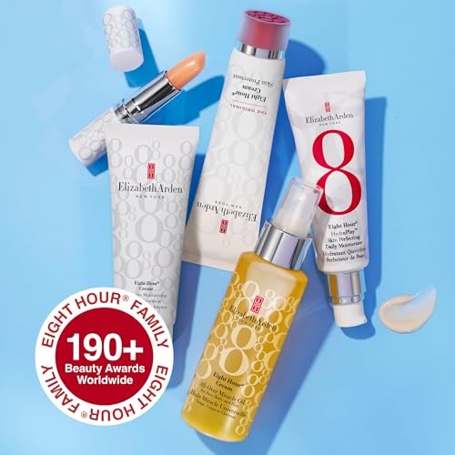Elizabeth Arden Eight Hour All-Over Miracle Oil bottle with a clear label and pump dispenser, designed for face, body, and hair hydration.