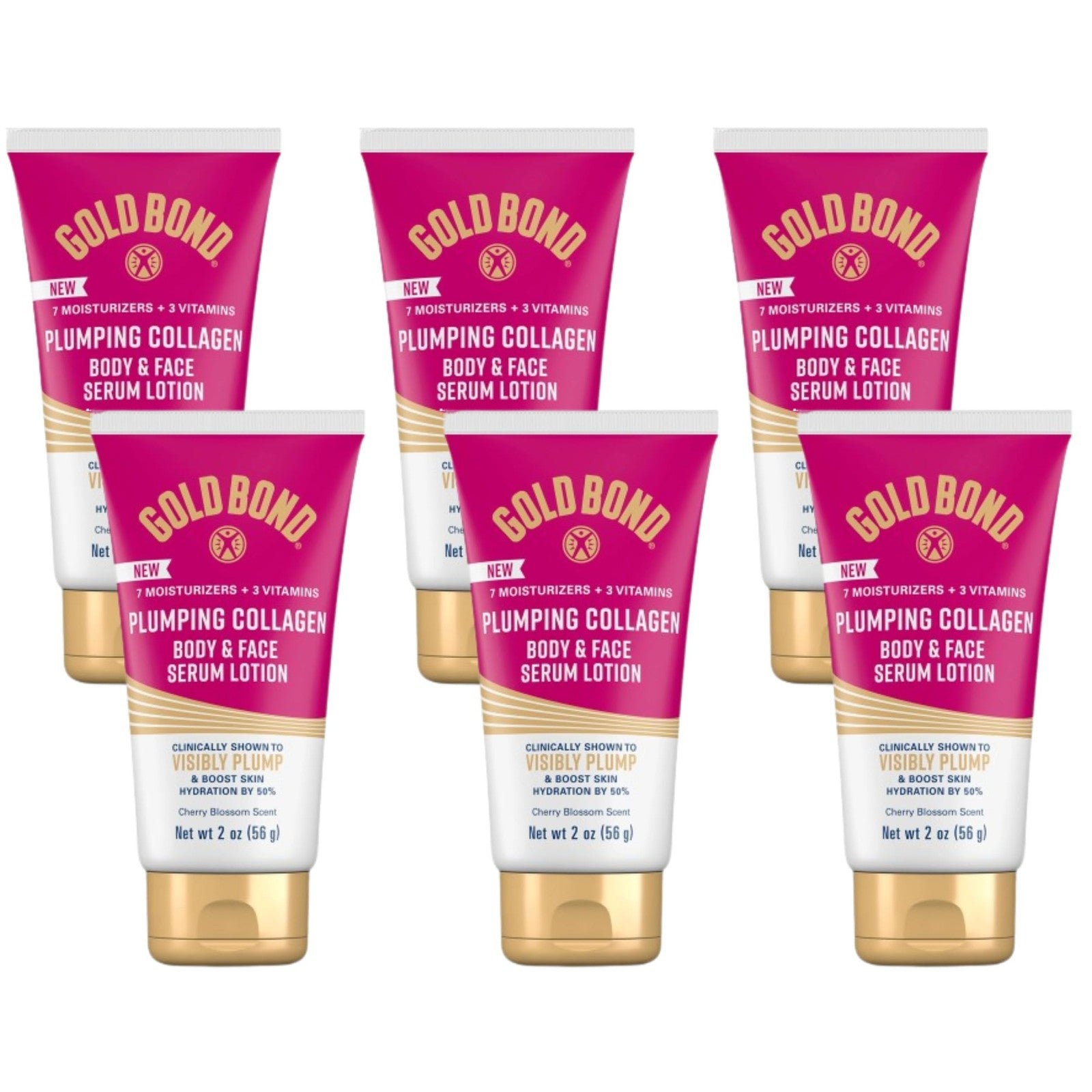 Gold Bond plumping collagen body and face serum lotion in a sleek bottle, showing the lightweight hydrating formula and smooth texture.
