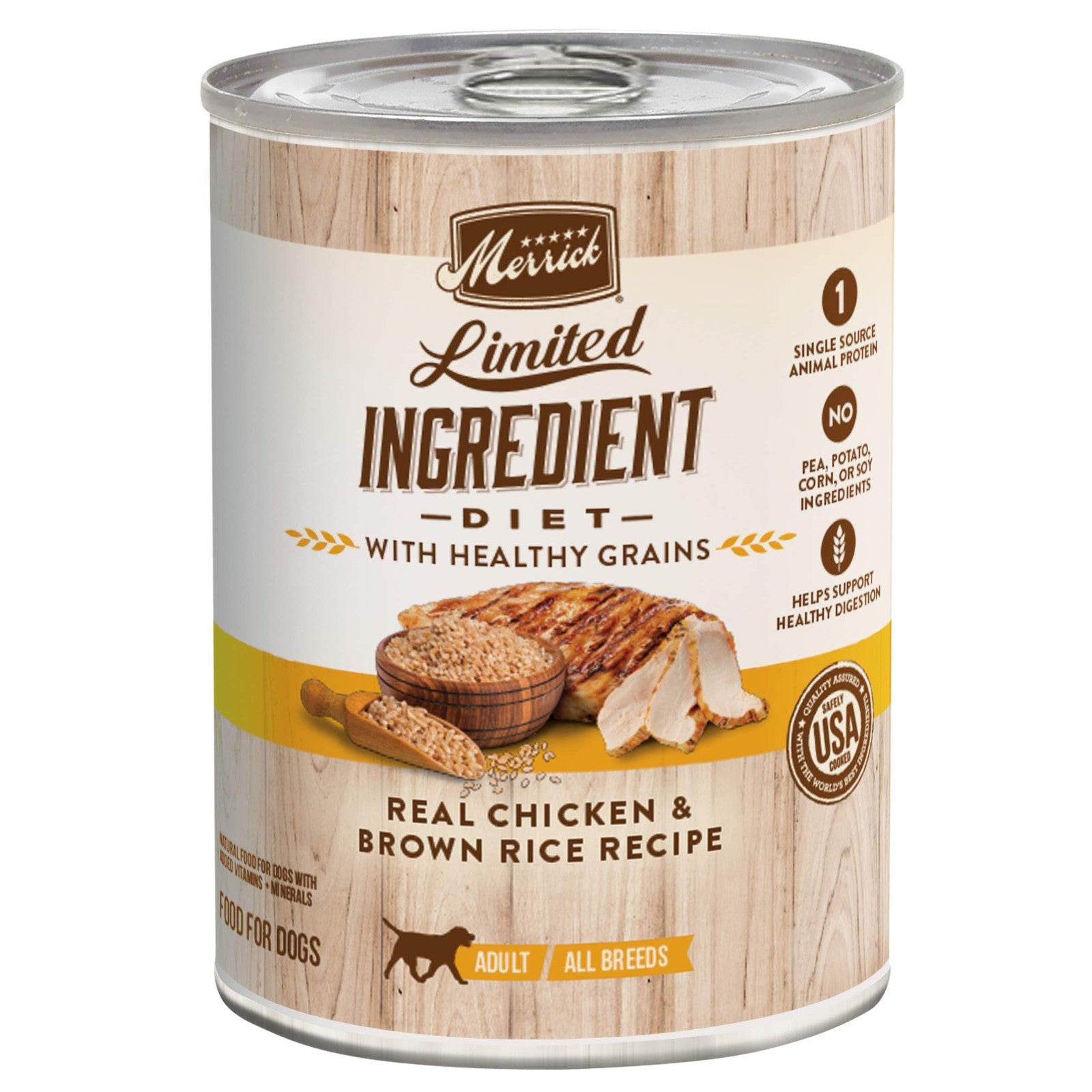 Canned Merrick Limited Ingredient Diet healthy grains dog food with chicken and broccoli, showing the wet dog food in a bowl.