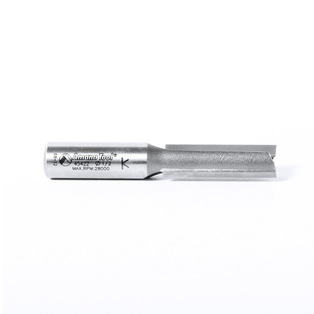 Amana Tool carbide-tipped straight plunge router bit with 1/2-inch diameter and 1-1/2-inch cutting length in close-up view