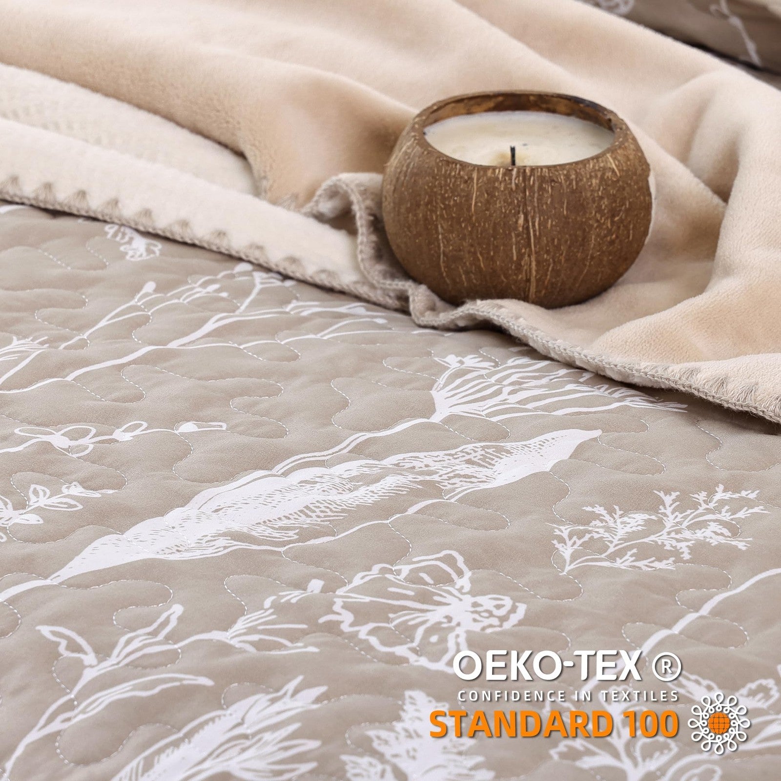 JANZAA twin oatmeal floral microfiber quilt bed spread set with boho design, featuring a cozy, patterned microfleece fabric for bedroom decor