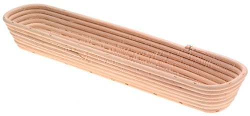 Frieling sourdough proofing basket in brown, 17-inch by 4-inch rectangular shape, ideal for bread fermentation.