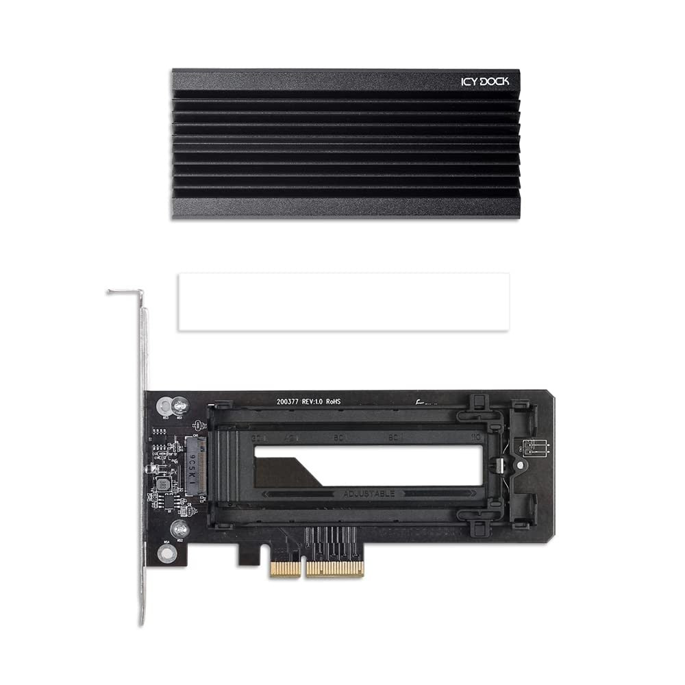 ICY DOCK M.2 NVMe SSD to PCIe adapter card with large aluminum heat sink and integrated connectors for high-speed data transfer.