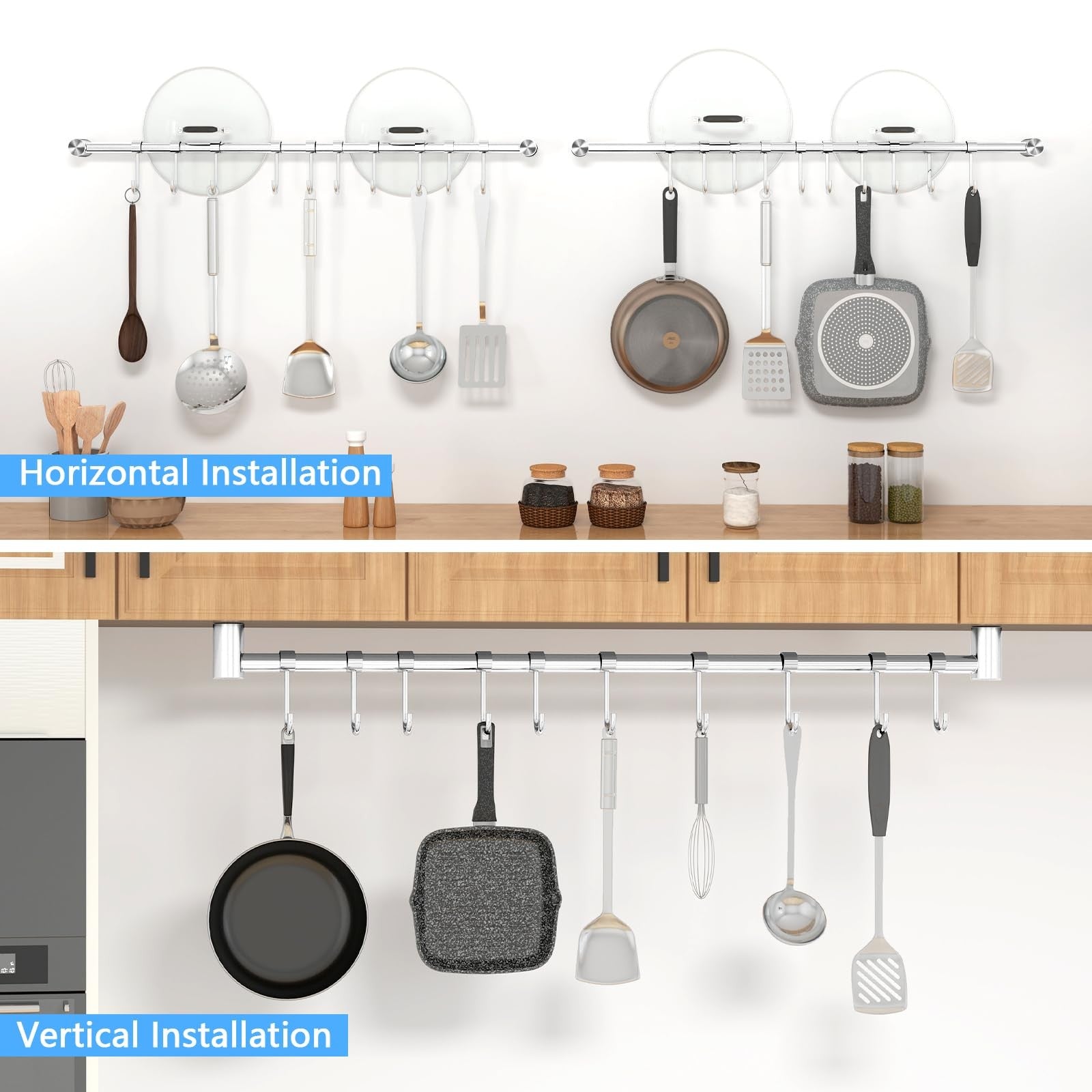 Audmore kitchen utensil rack 2-pack, 20.9-inch stainless steel wall-mounted storage for lids and utensils.