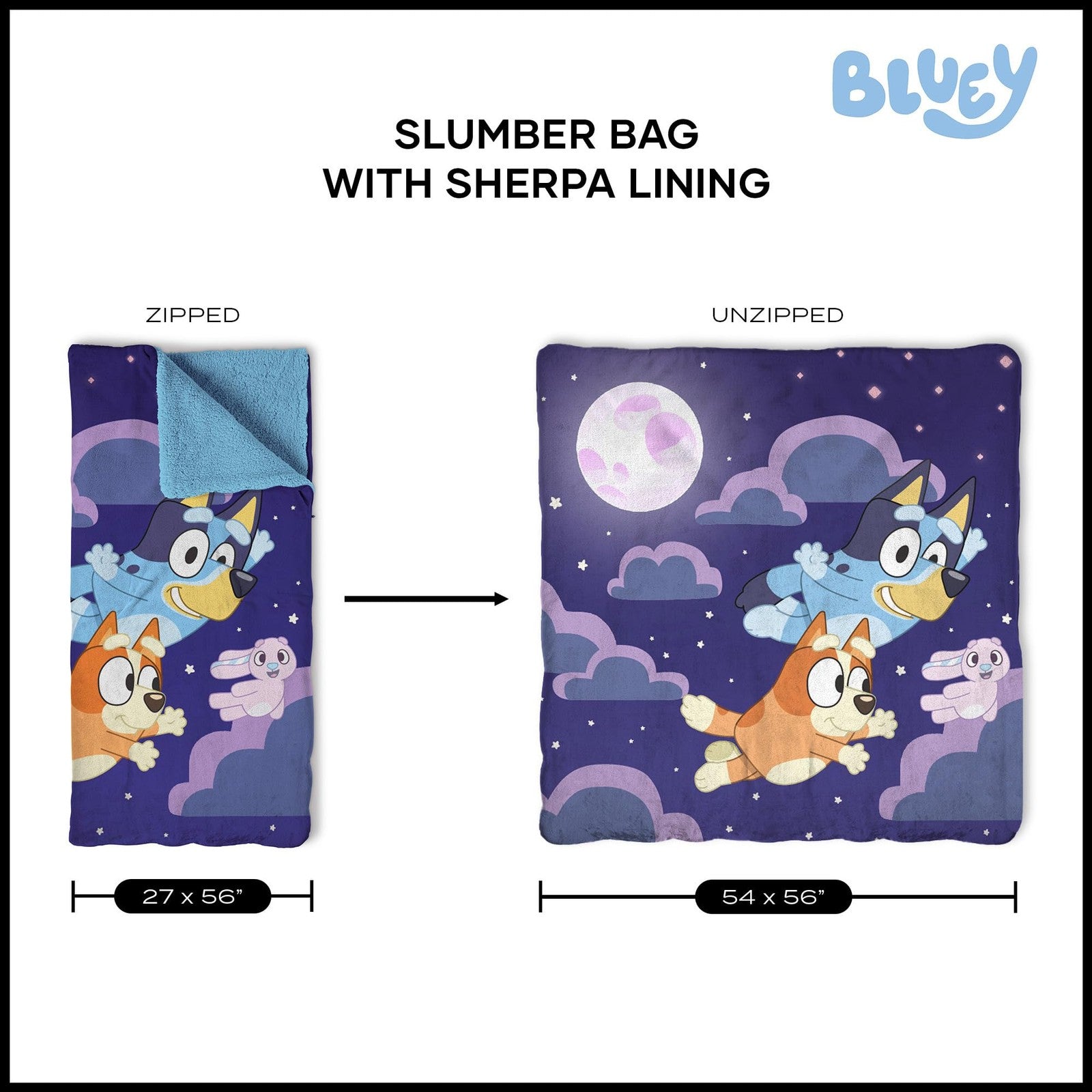 Northwest Bluey Silk Touch Sherpa Slumber Bag with zipper, featuring Bluey design, soft sherpa lining, ideal for cozy sleepovers.